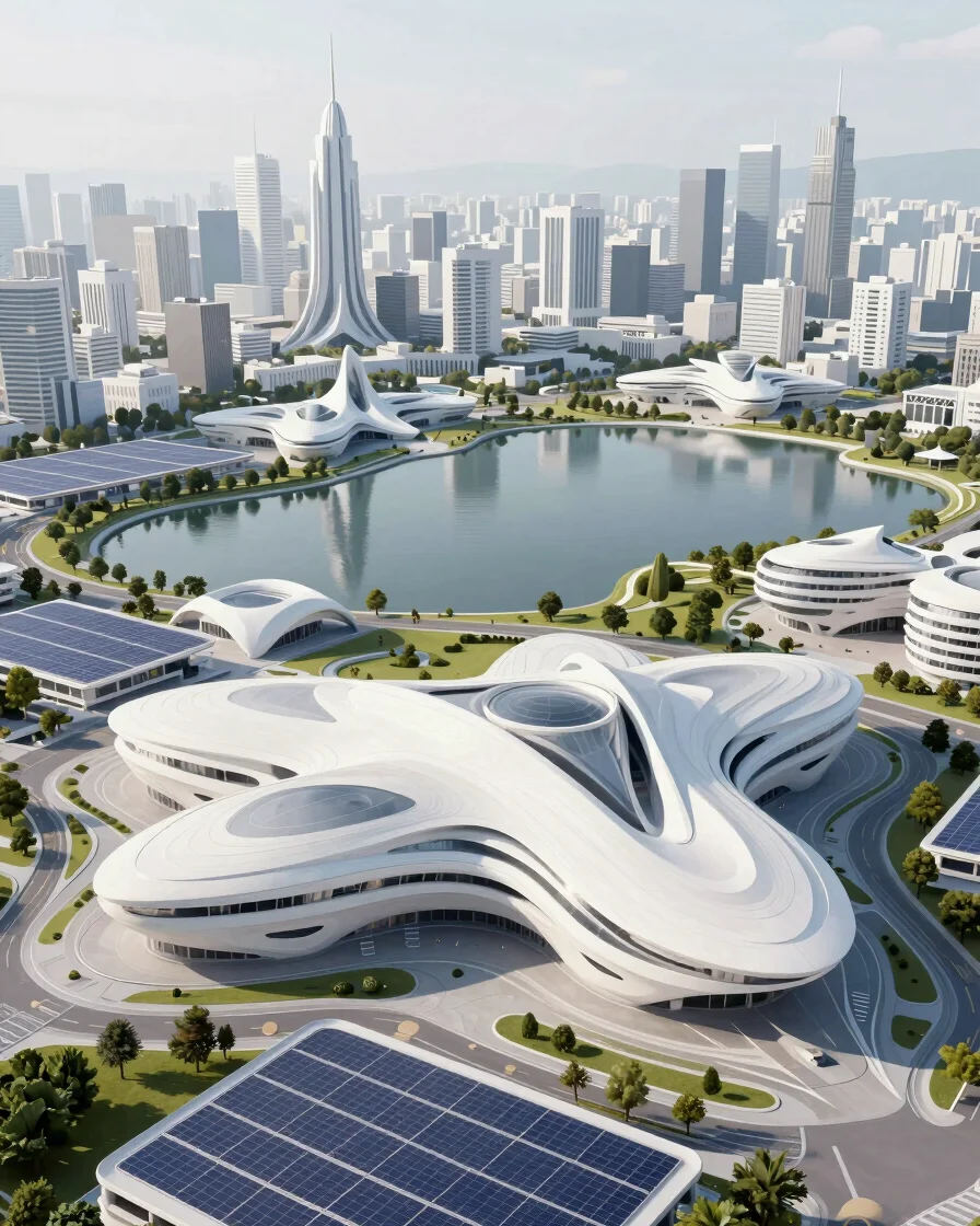 Bright architectural 3D render of a futuristic city with organic white buildings, serene lake, solar infrastructure, gre