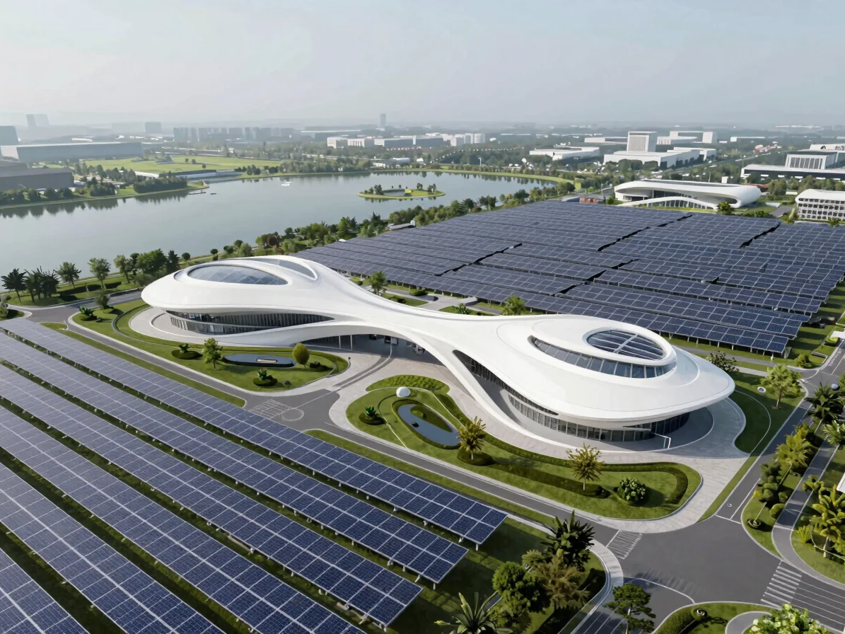Architectural rendering of a clean energy complex with solar arrays and integrated green spaces, soft daylight, 8k, wide
