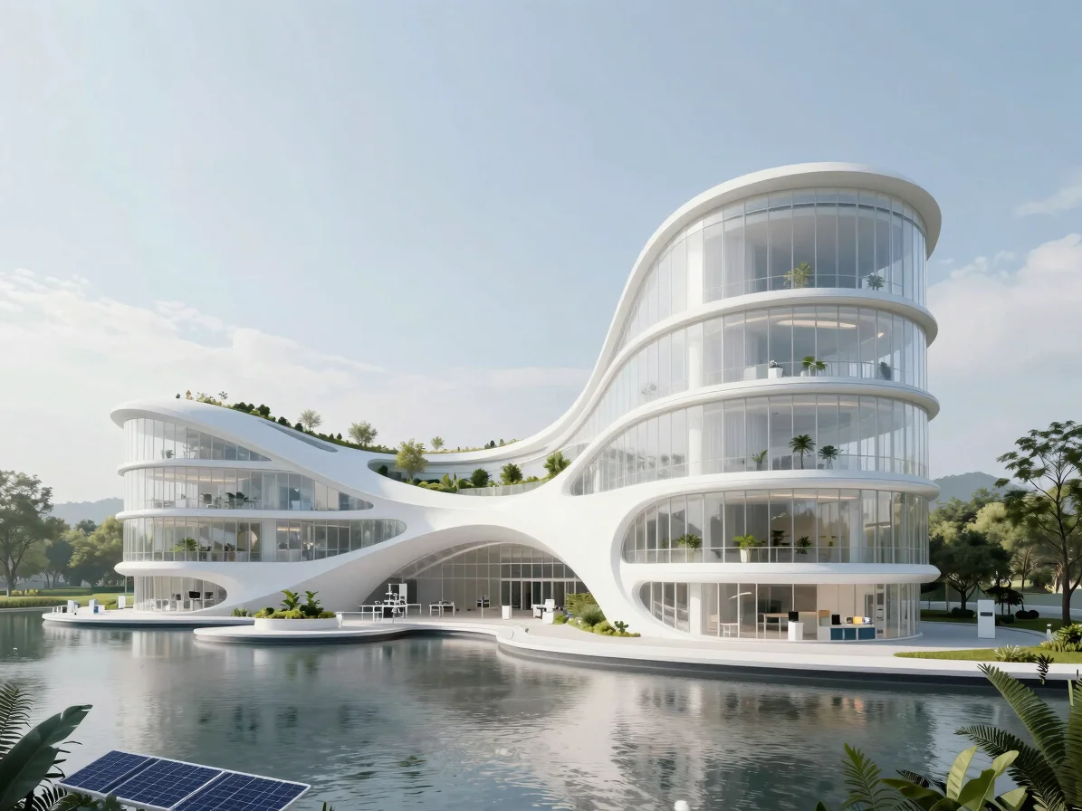 Luminous architectural rendering of a biophilic research laboratory, frosted glass panels, integrated nature, soft dayli