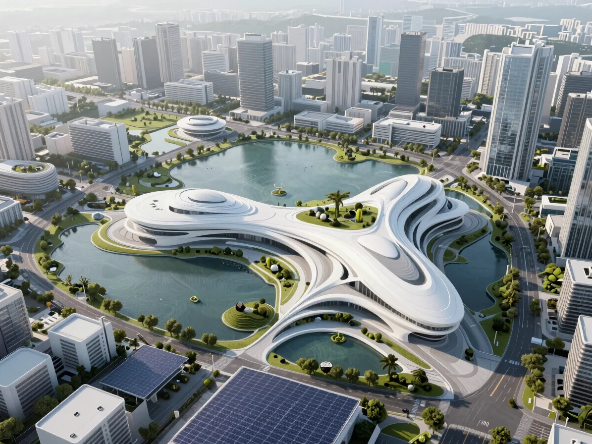 Aerial view of a futuristic city district with integrated water features and green infrastructure, demonstrating ecologi