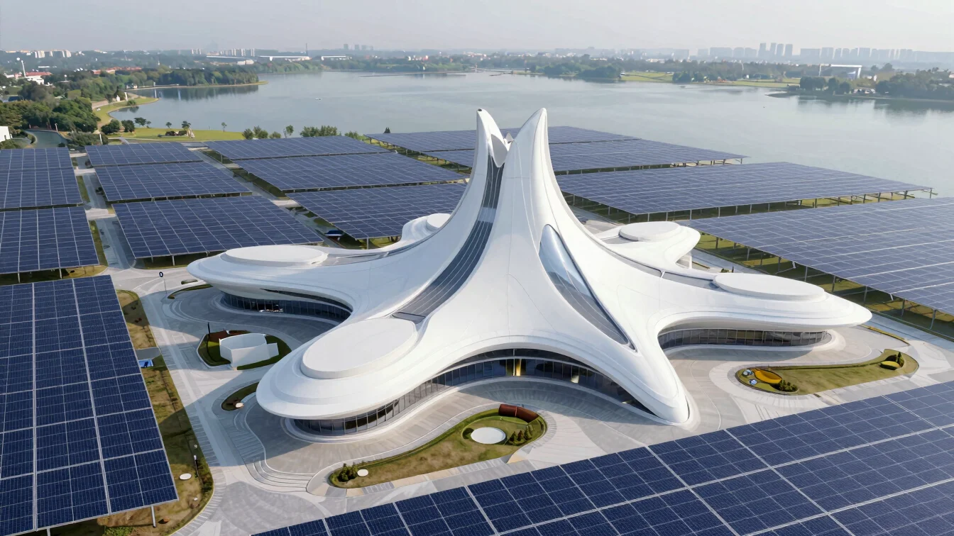 futuristic clean energy grid, organic white architecture, serene lake, soft daylight, 8k