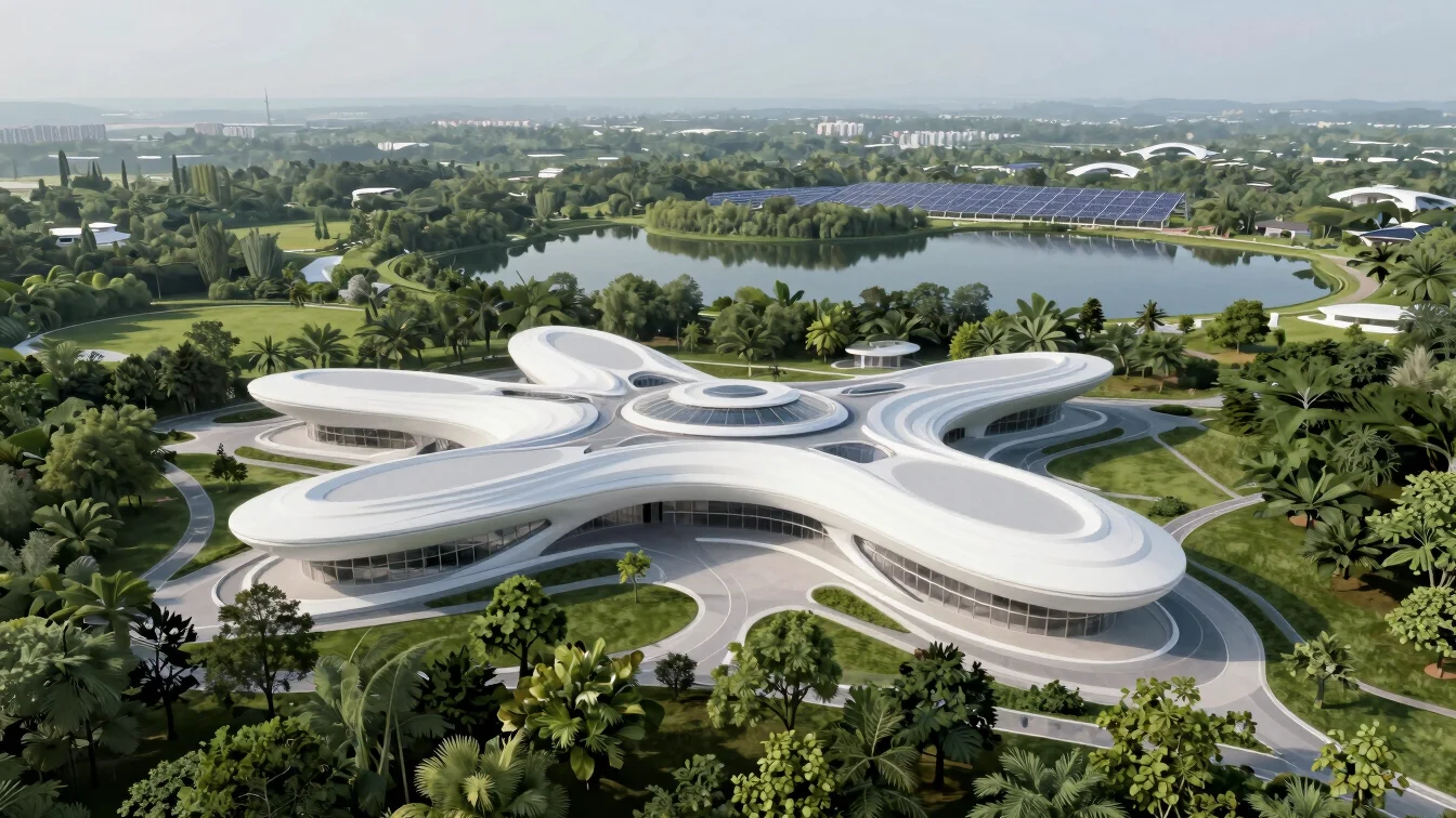 biophilic architectural rendering, lush green landscapes, white organic structures, soft daylight, 8k