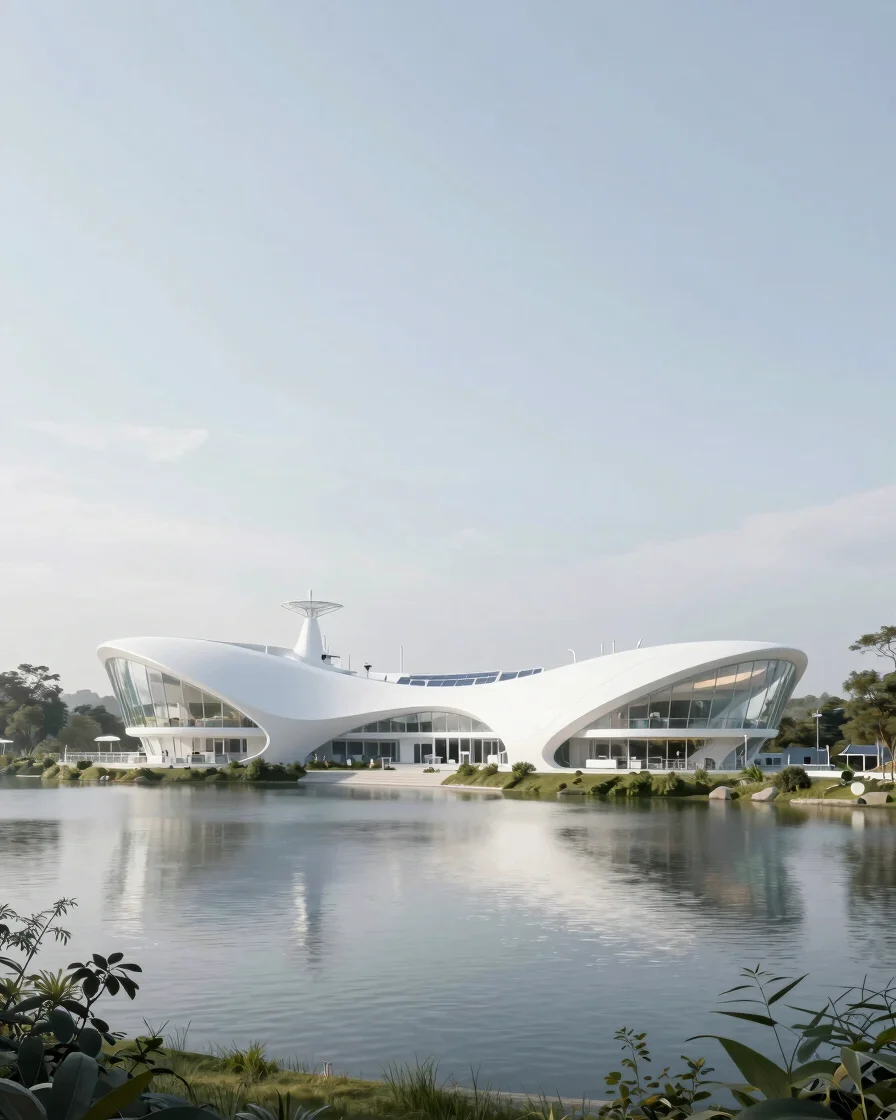 Luminous architectural rendering of a bright white biophilic research laboratory along a serene lakefront with glass res