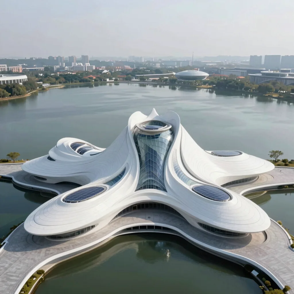 Wide aerial view of a futuristic white organic building integrated with a serene lake, soft daylight, 8k render