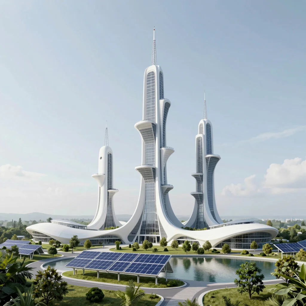 Architectural elevation of clean energy towers with solar infrastructure and green landscapes, 8k render