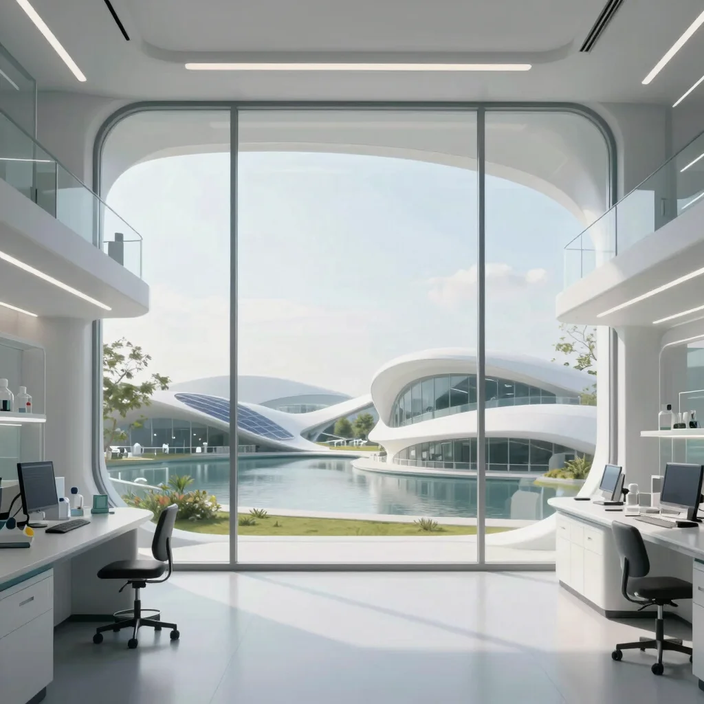 Interior view of a biophilic laboratory with frosted glass panels and natural light, 8k render