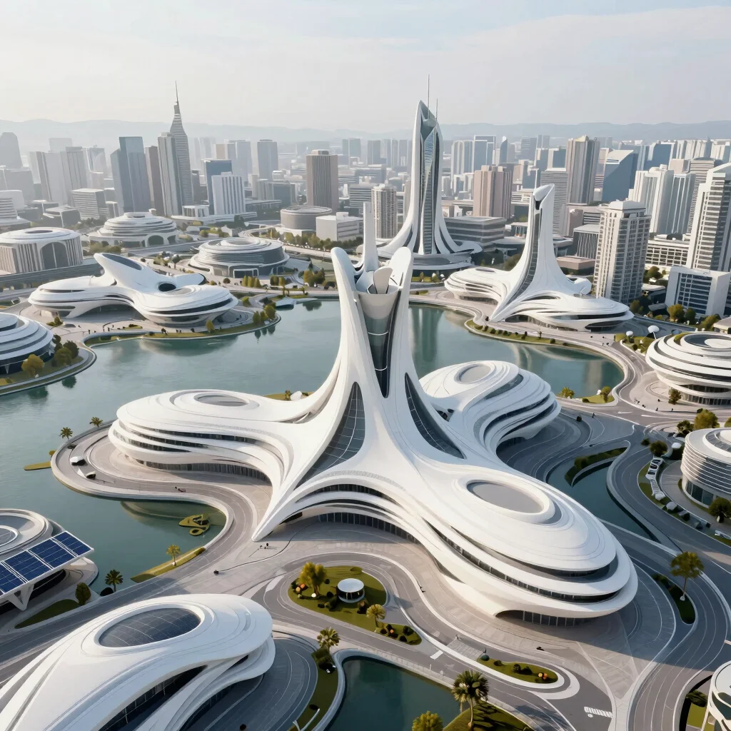Aerial perspective of a futuristic city district with organic white architecture and water features, 8k render
