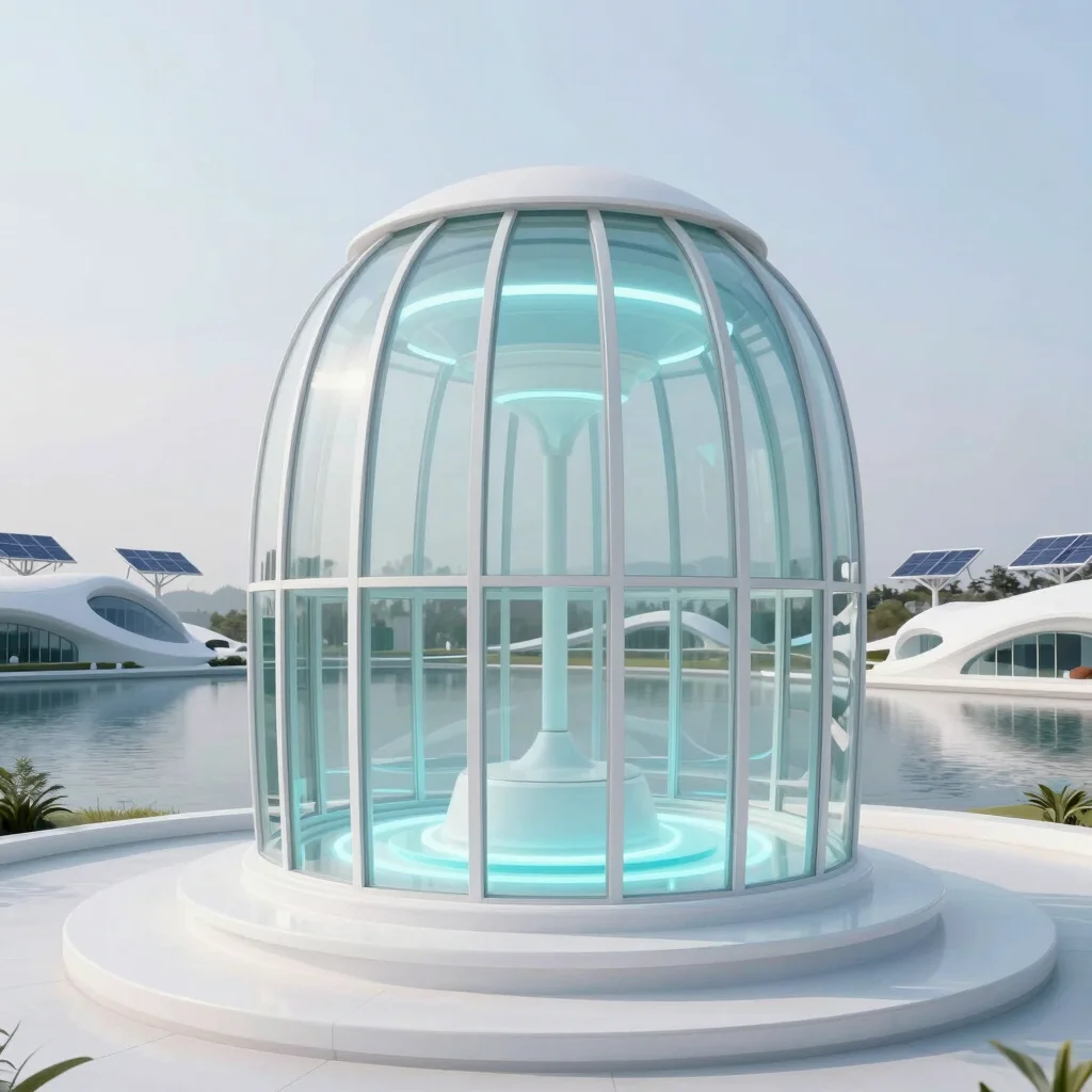 Close-up of a glass research pavilion with ambient lighting and subtle cyan glows, 8k render