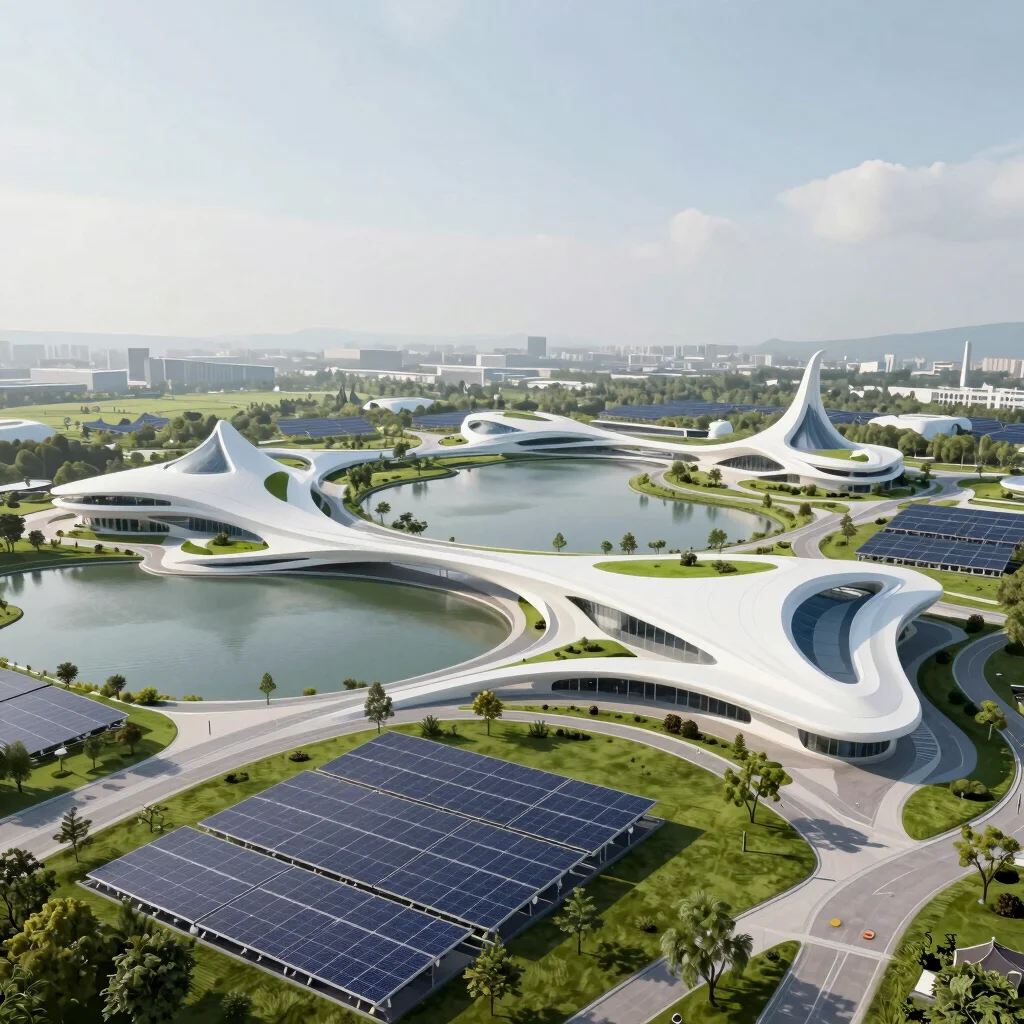 Panoramic view of sustainable technology infrastructure with integrated green spaces, soft daylight, 8k render